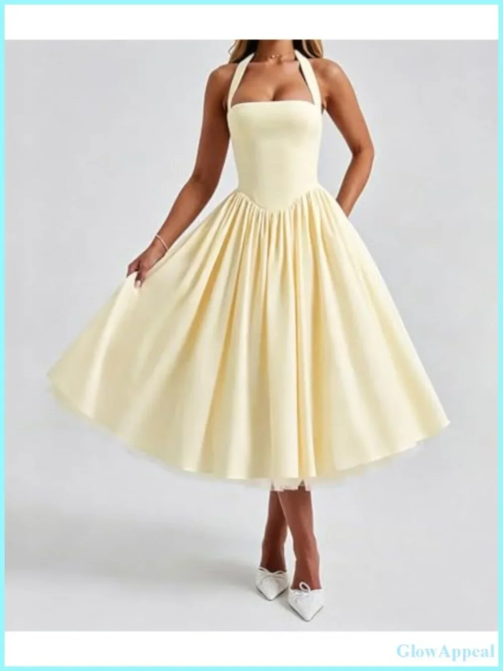 Halter Low Cut Sleeveless A Line Tulle Swing Flowy Tea Length Corset Prom